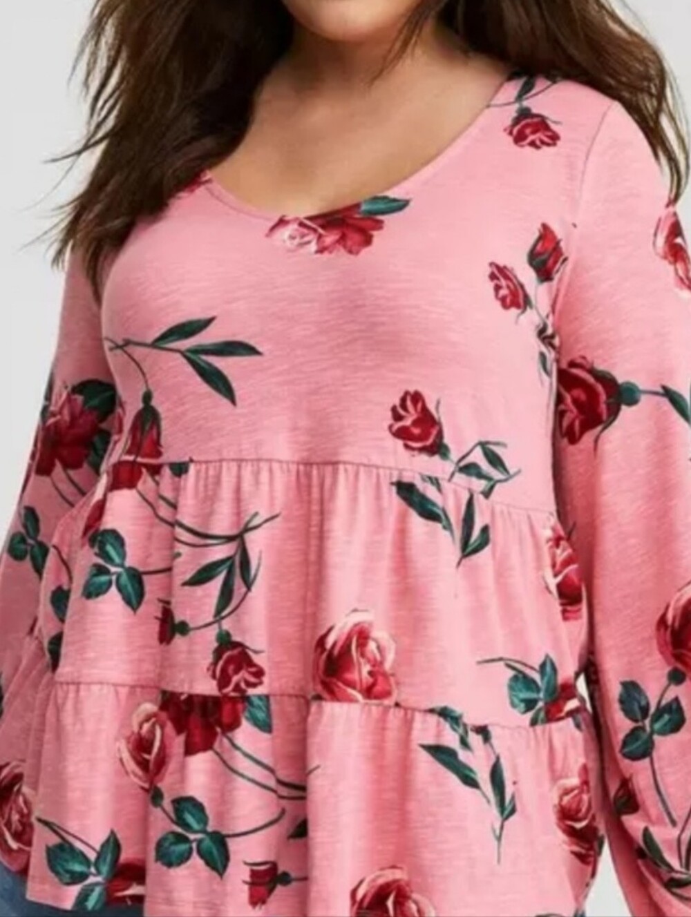 🌿🍒 Torrid Pink Floral Tiered Long Sleeve Plus Size Top Size 3(3X) 🍒🌿